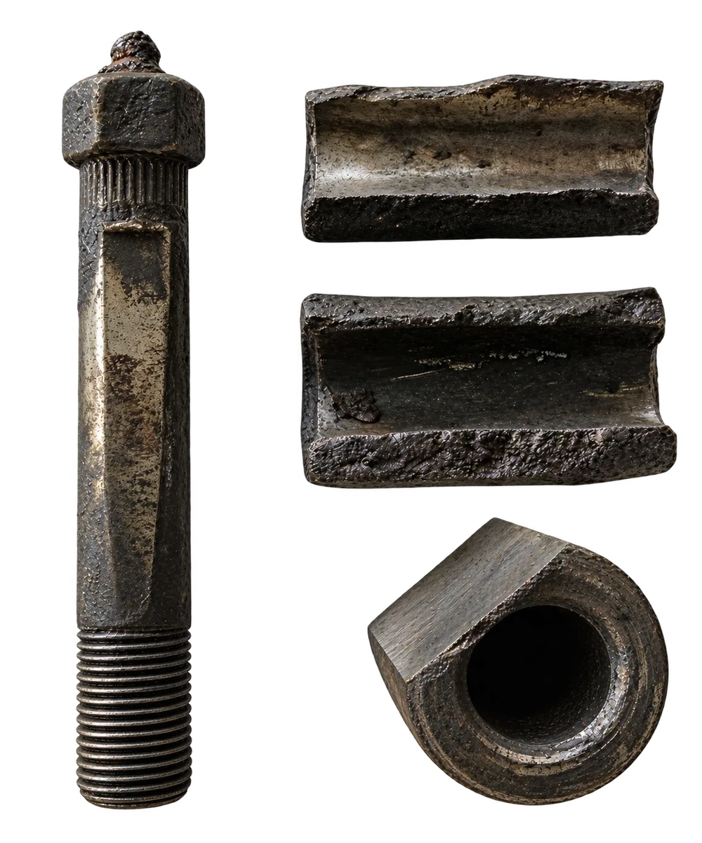 A worn and broken rocker-roller bush with a worn suspension pin from a caravan โ the classic cascade failure when suspension bushes are left unserviced