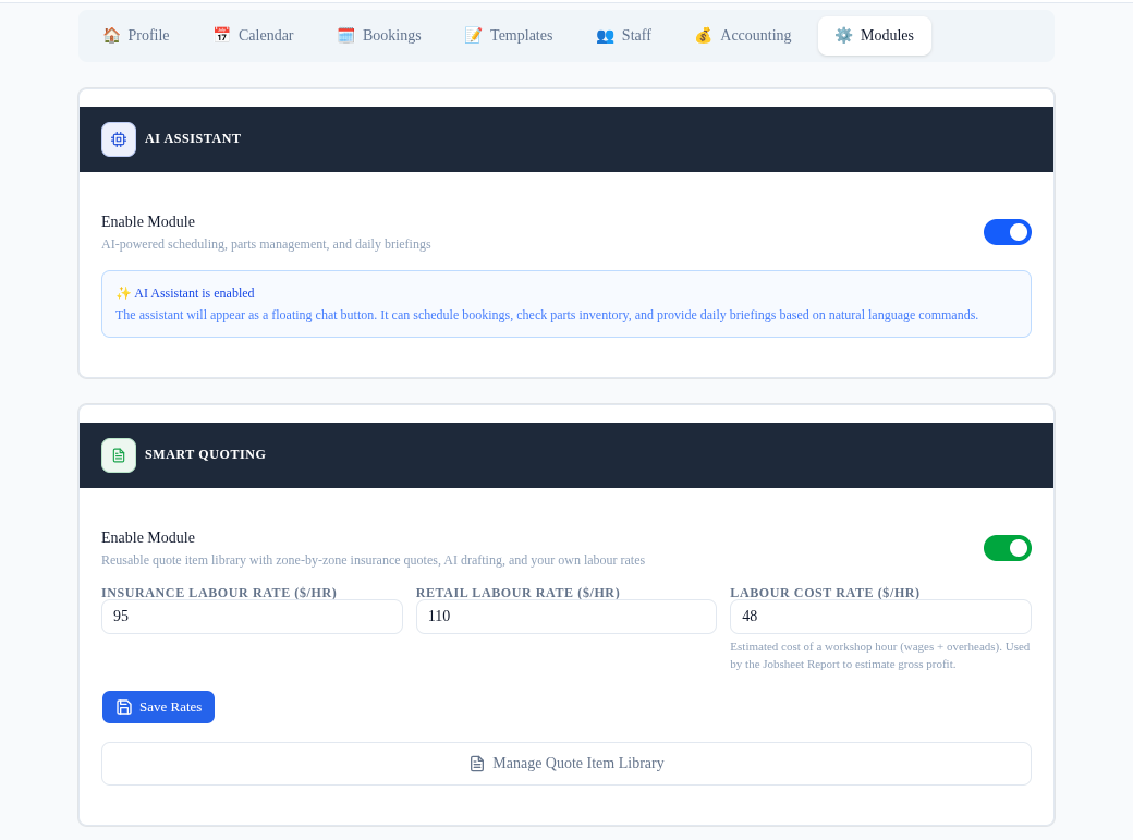 RV Auto Mate Settings showing the Smart Quoting module card with the toggle on, insurance labour rate $95 per hour, retail labour rate $110 per hour and labour cost rate $48 per hour