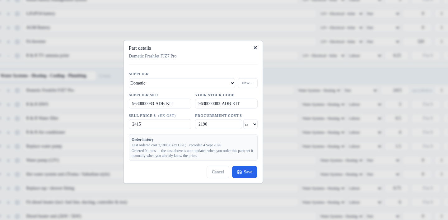 Part details dialog for the Dometic FreshJet FJZ7 Pro rooftop air conditioner showing supplier Dometic, supplier SKU 9630000083-ADB-KIT, sell price $2,415 ex GST, procurement cost $2,190 ex GST and the auto-remembered last ordered cost