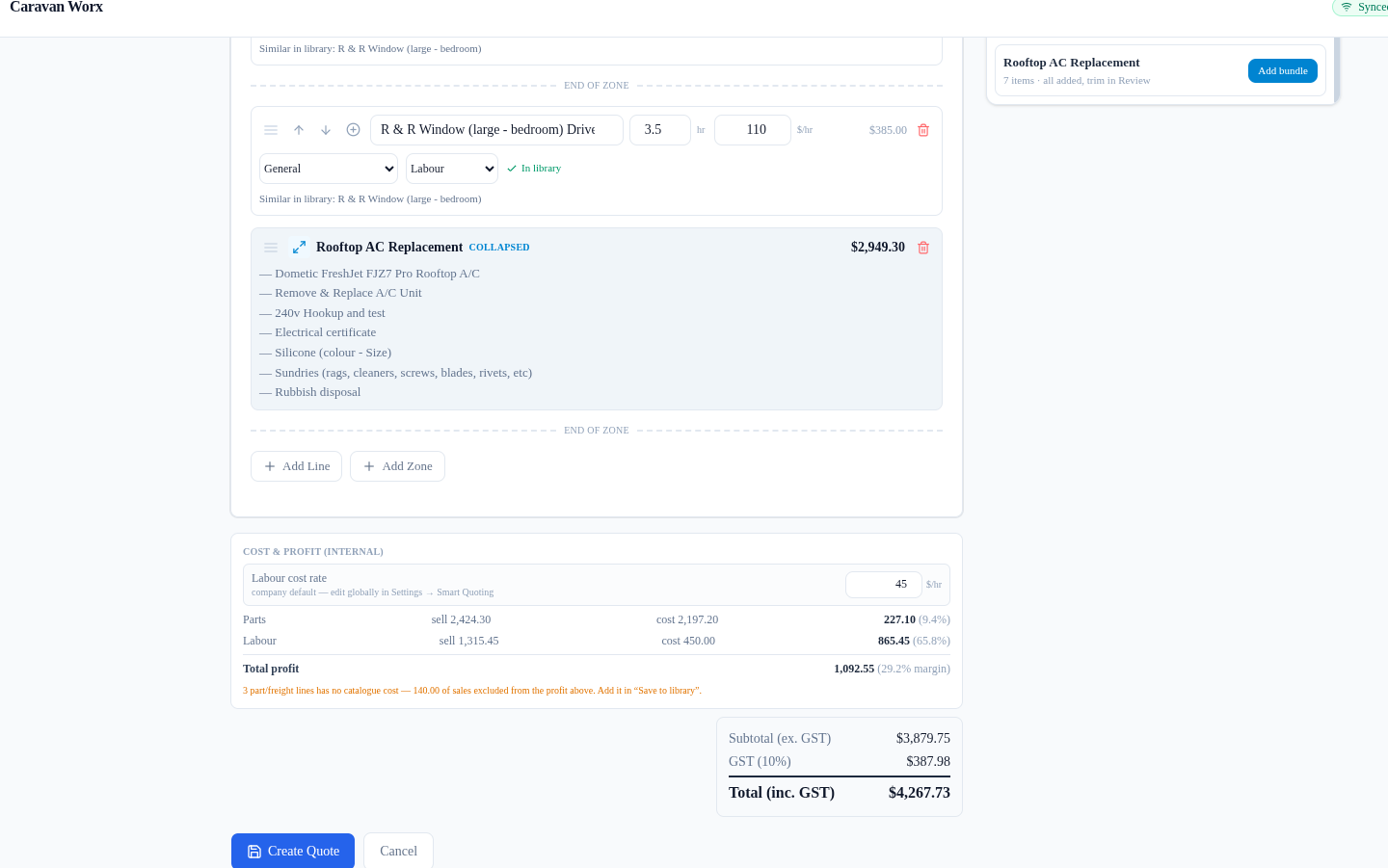 The same quote with the Rooftop AC Replacement zone collapsed to a single $2,949.30 lump-sum line, quote totals of $3,879.75 ex GST and $4,267.73 inc GST, and the Cost & Profit internal panel visible